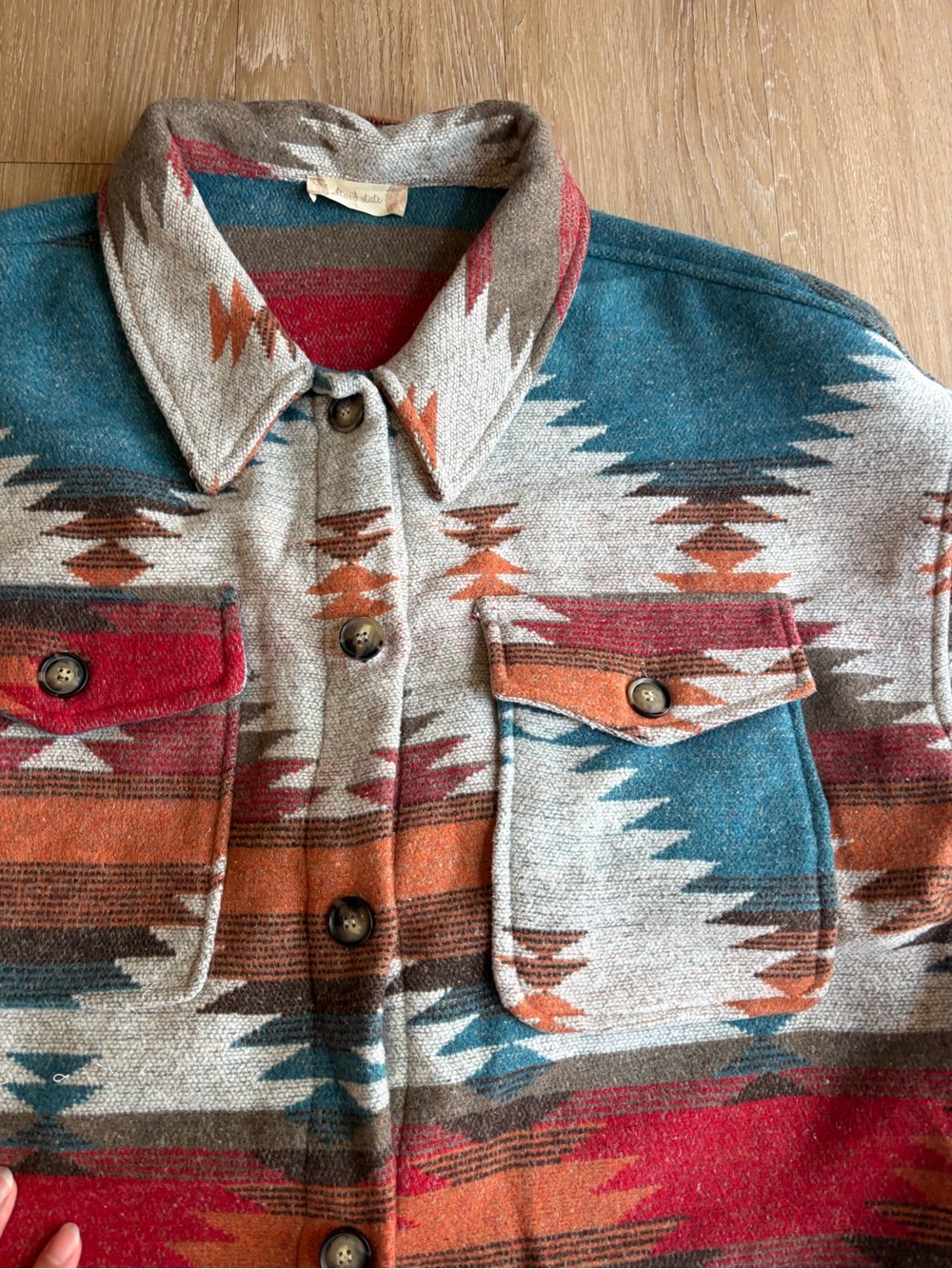 Altar’d State Aztec Pattern Button-Up Jacket/ Shacket in Teal & Rust - Picture 2 of 9